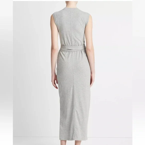 New! Vince Cotton Sleeveless Wrap Dress Gray Midi Slit - Picture 2 of 7